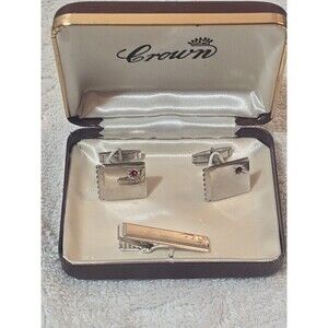 Vintage Crown Silvertone Cufflinks And Tie Clip Set